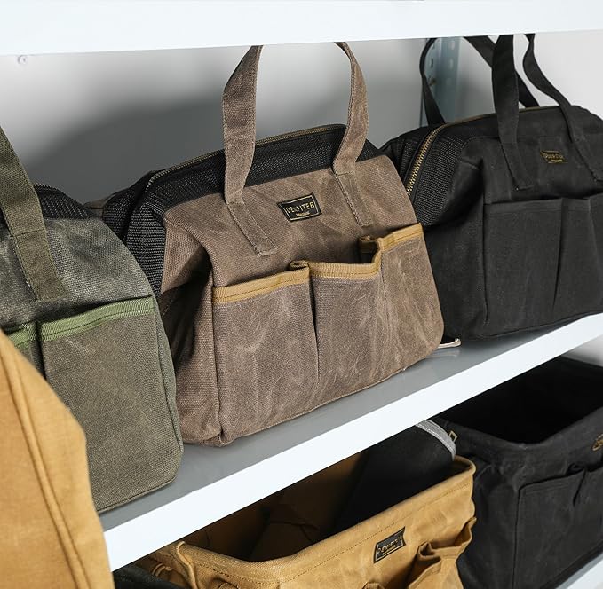Tool Bag, 13-inch Heavy Duty Wide Mouth Water-Resistant Waxed Canvas Zipper Bag, Tool Tote with Handle for Tools, Wrenches, Screwdrivers (13 X 7.8 X 9 inch) | Khaki