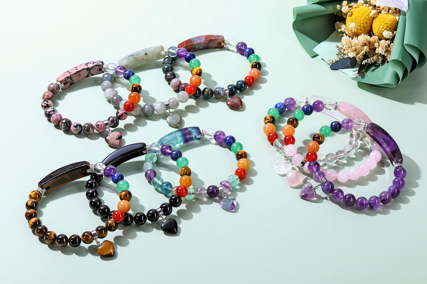 Jovivi 7 Chakra Bracelets for Women Men Natural Chakra Gemstones 8mm Round Beads Fluorite Crystal Heart Bracelet Reiki Healing Stones Energy Stretch Bracelet Jewelry Gifts