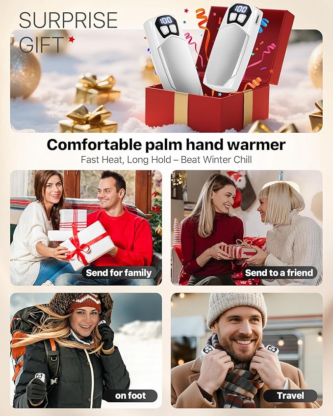 Kesguar Hand Warmers Rechargeable 2 Pack - 6000mAh Electric AI Handwarmers, LED Display & 5-Level Heating, 20Hrs Long Lasting, 2-in-1 Portable Heater, Gifts for Men/Women/Golf/Hunting