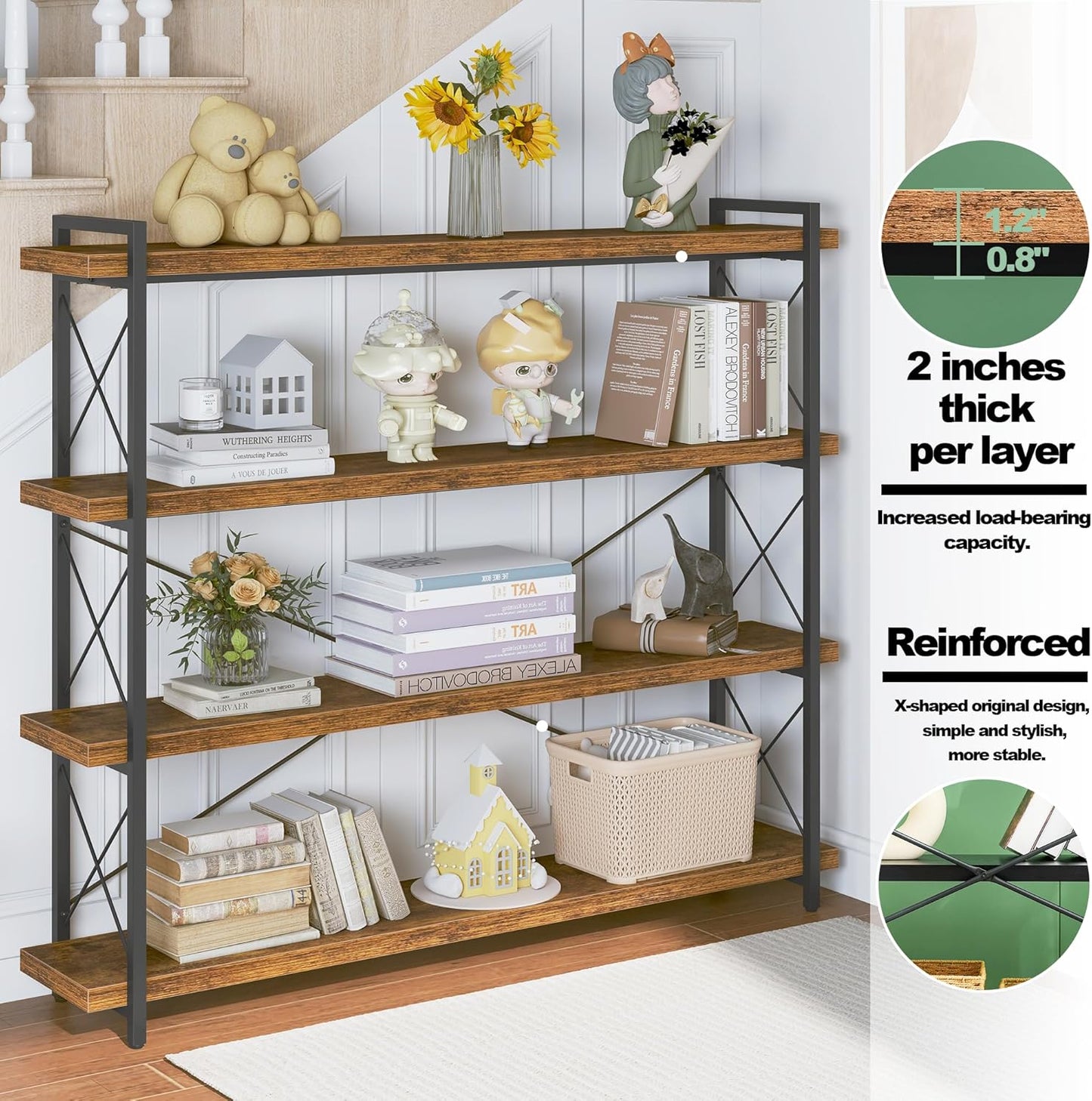 HCHQHS Large Bookshelf, 4-Tier Long Industrial Bookcase, Rustic Brown Book Shelf, Freestanding Horizontal Bookshelves with Metal Frame