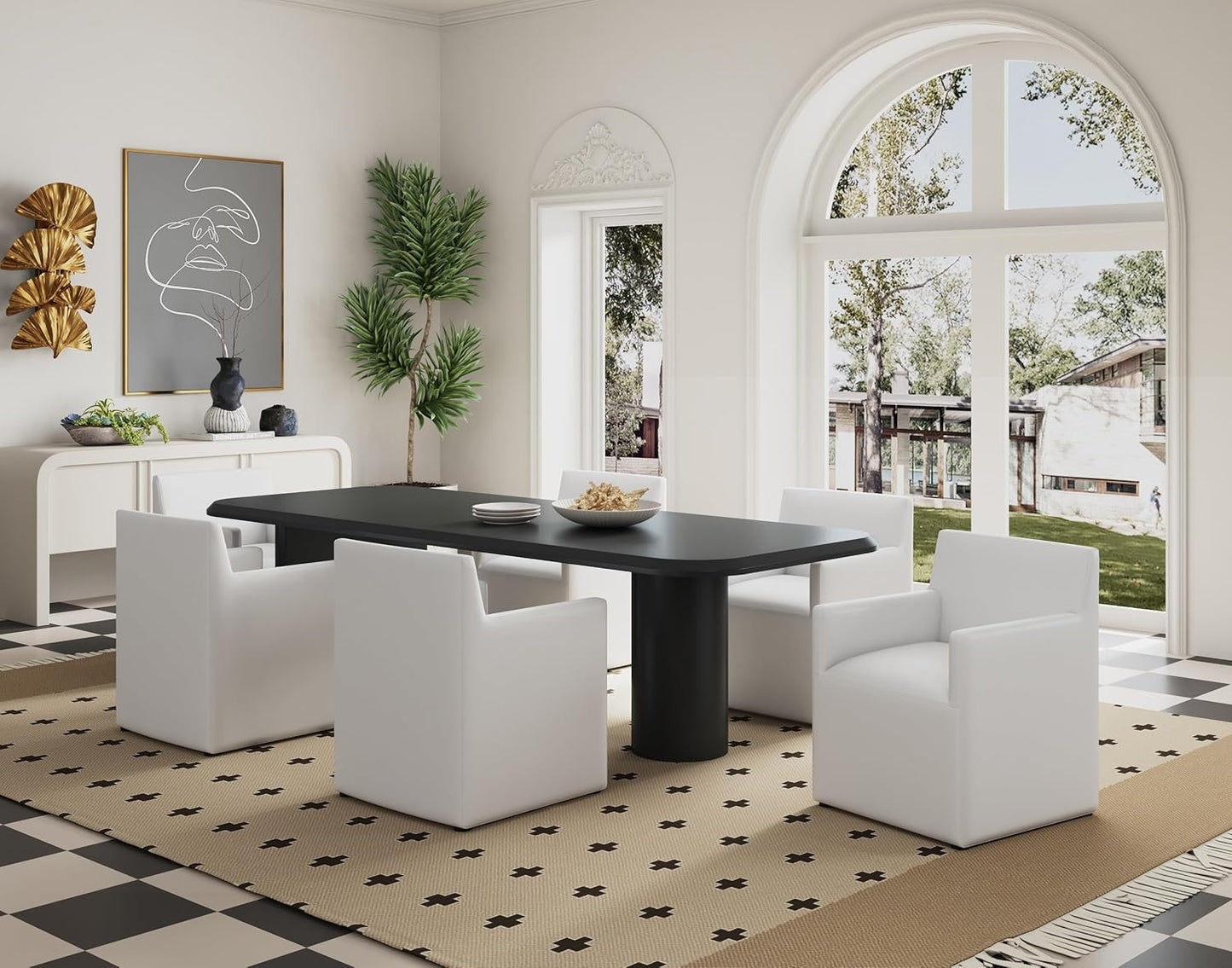 Manhattan Comfort Anna Square Modern Dining Chair with Arms, Head-to-Toe Faux Leather Upholstered Accent Armchair with Plastic Foot Padding, Set of 2, Cream