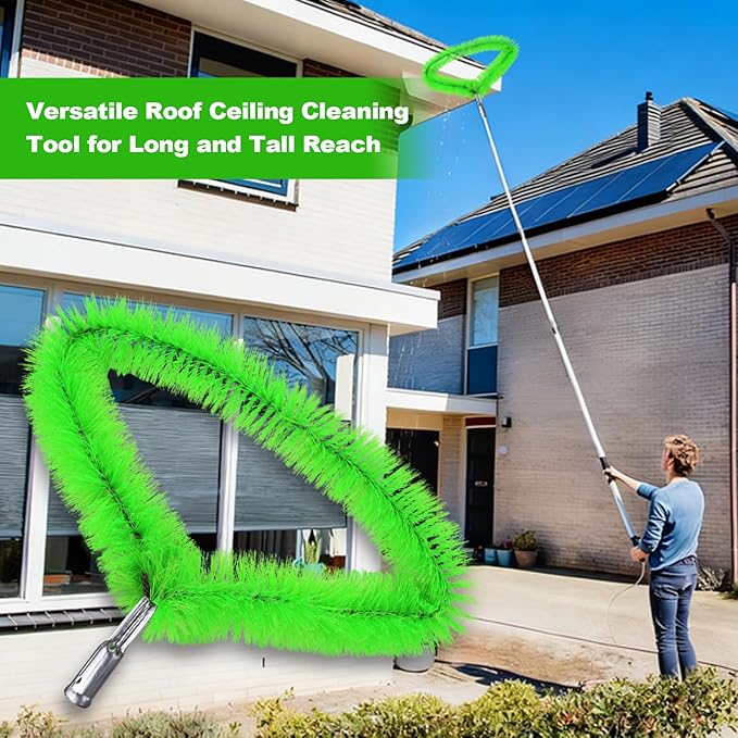 19Ft Roof Rake Brush for Snow and Leaves, Gutter Cleaning Broom Tool, Spider Web Brush Cleaner for Shingles, Corrugated，High Ceiling,Porch,Outdoor Window Cob Web Remover - Lightweight Pole