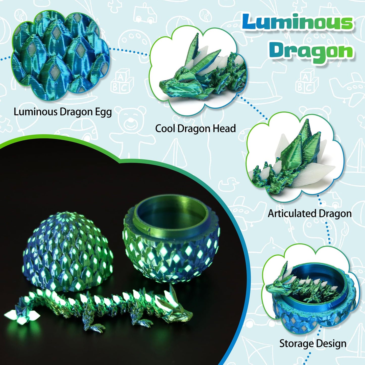 4 Pcs 3D Printed Dragon Glow in The Dark with Eggs, Easter Basket Stuffers Dinosaur Fillers Eggs Fidget Toys for Kids, Birthdays, Christmas, Easter Decorations Gifts Indoor Outdoor for Girls Boys