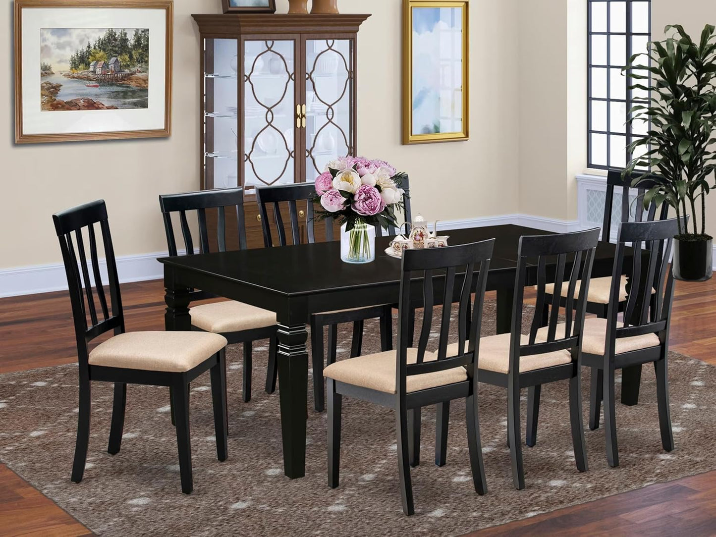 East West Furniture LGAN9-BLK-C 9 Piece Dining Room Table Set Includes a Rectangle Kitchen Table with Butterfly Leaf and 8 Linen Fabric Upholstered Dining Chairs, 42x84 Inch, Black