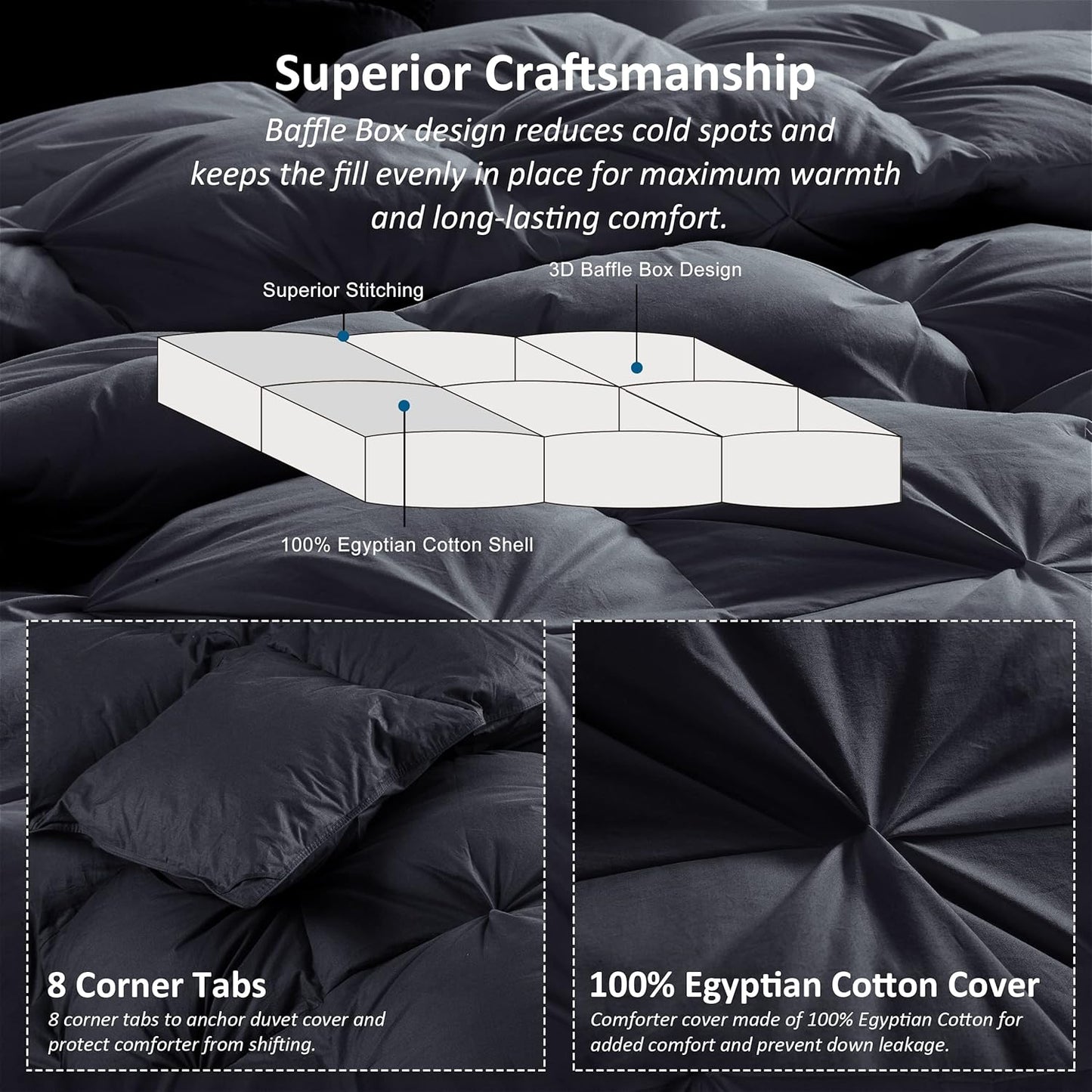Luxurious All-Season Goose Down Feather Fiber Comforter California King Size Duvet Insert, Exquisite Pinch Pleat Design, Premium Baffle Box, 100% Egyptian Cotton Cover, 80 oz. Fill Weight, Black