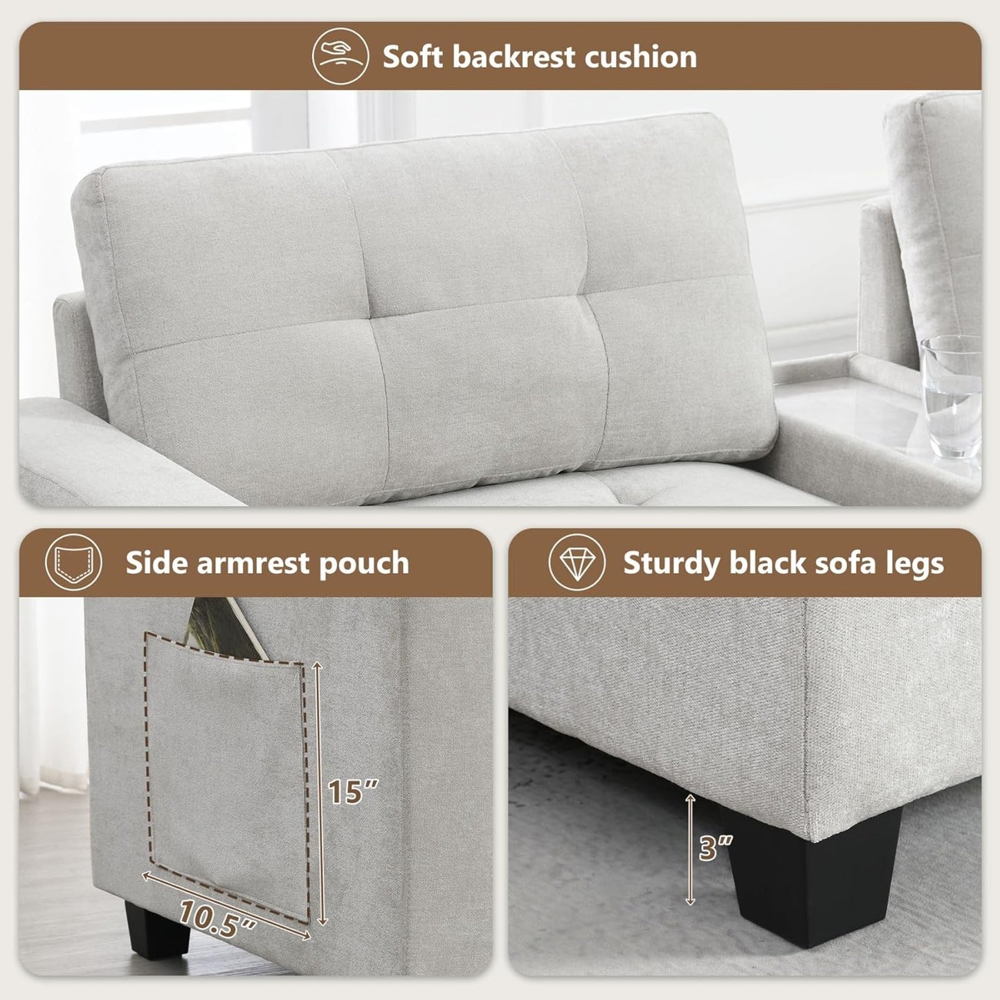Merax 6 Seater Chenille Sectional Couches with 2 Acrylic Table Top Consoles, Upholstered Modular Tufted Sofa Chaise with Ottoman, Storage Drawers, Pockets, USB Charger & Cup Holders for Living Room