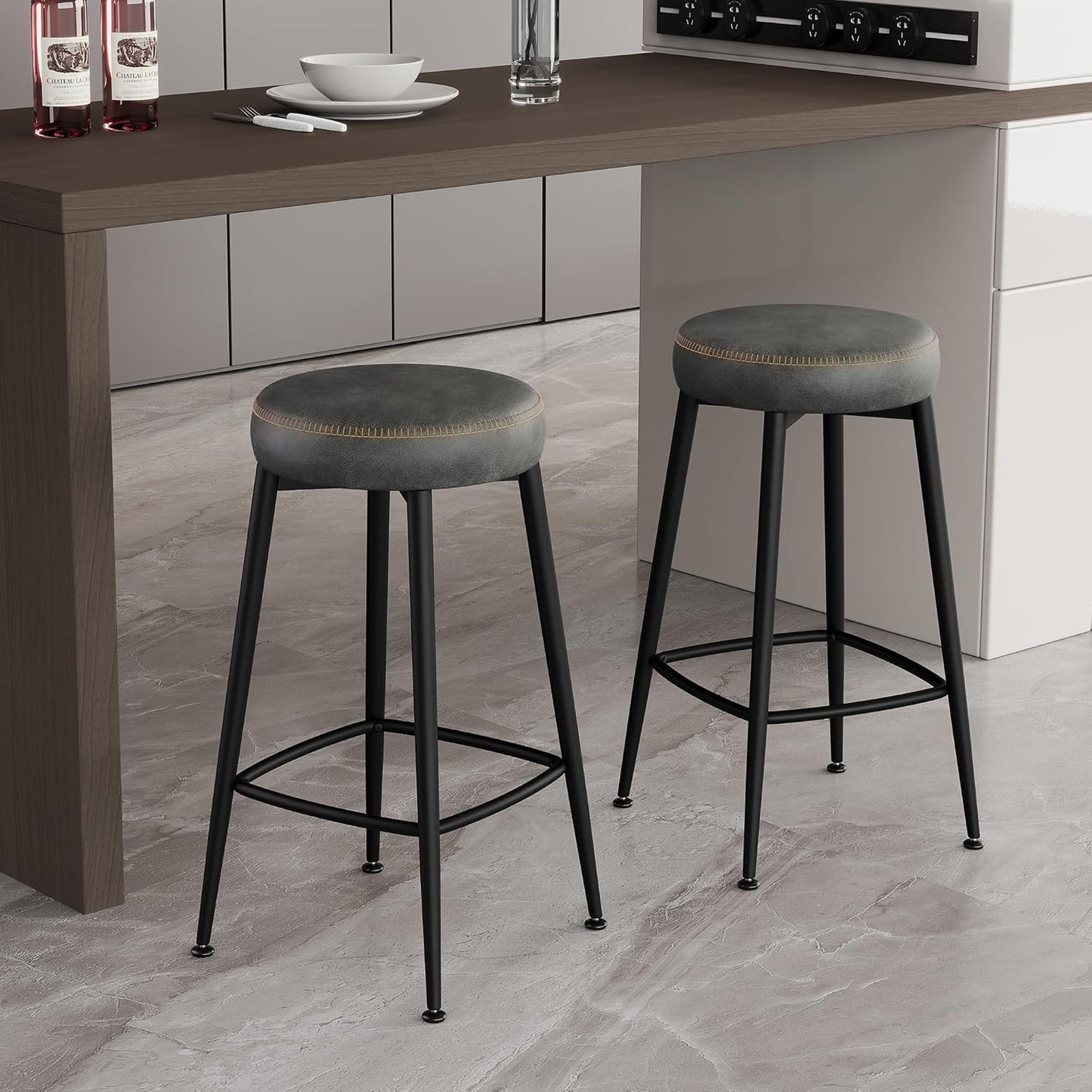 Counter Height Bar Stools, 26" H Backless Bar Stools Set of 2, Upholstered Faux Leather Kitchen Counter Stools, Mid Century Modern, Kitchen Island Home Bar, Pub, Black Grey