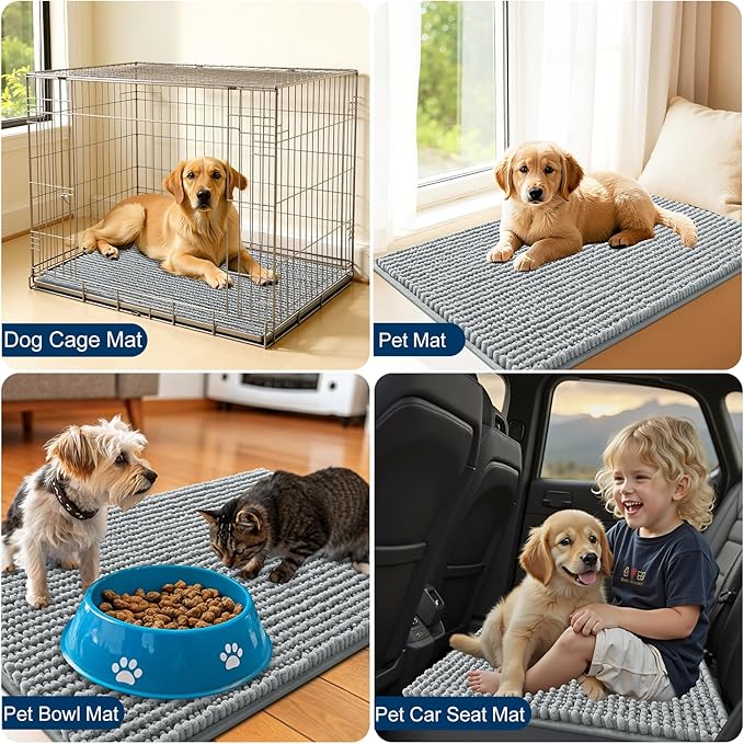 OLANLY Dog Door Mat for Muddy Paws 34x21, Ultra Absorbent Chenille Mud Doormat, Non-Slip Washable and Dirt Trapping Doormat for Indoor Entryway, Quick-Dry Indoor Pet Bed Mats for Dogs, Grey