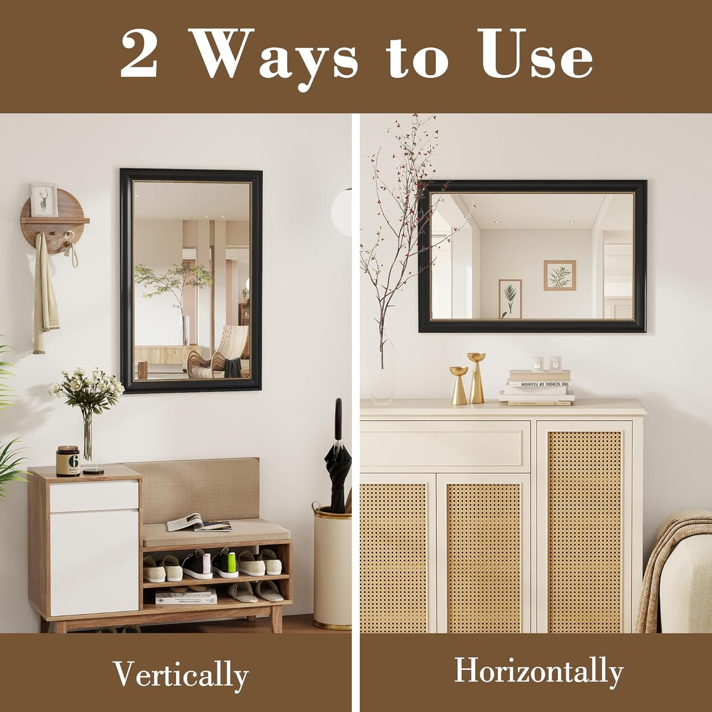 Axeman 30x40 Rectangular Wall Mirror, Decorative Bathroom Mirror, Traditional Vintage Wall Mounted Mirror with Beaded Frame for Accent Living Room Vanity Bedroom Entryway, Black