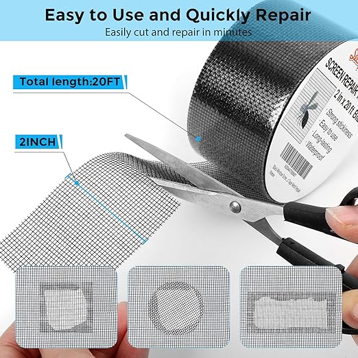 Black Window Screen Repair Tape, 2IN X 20FT Screen Repair Kit for Windows or Doors, Strong Adhesive Fiberglass Mesh Patch Tape