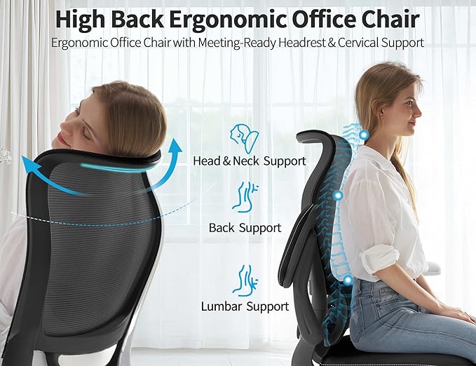 TRALT Ergonomic Office Chair - Desk Chair with Wave High Back Adjustable Lumbar Support Computer Chair - Gaming Chairs Mesh Backrest and PU Leather Seat (Black White)