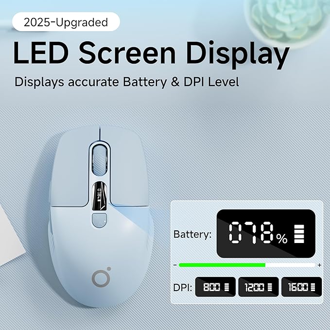 EWEADN Q1 Wireless Mouse, BT & 2.4G Silent Mouse Quiet Click with 1600 DPI Levels, Battery & DPI LED Screen Display, 6 Button Small Portable Bluetooth Mouse for Laptop/PC/Mac-Blue