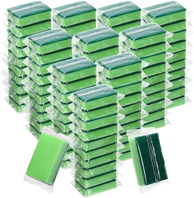 Tioncy 100 Pcs Individually Wrapped Sponges Kitchen Green Bulk Dish Non Scratch Scrub Sponges Dual Sided Cleaning Dish Scrubber for Washing Dishes, Pots, Pans, Sinks, Stoves, Appliances, Car, Bike
