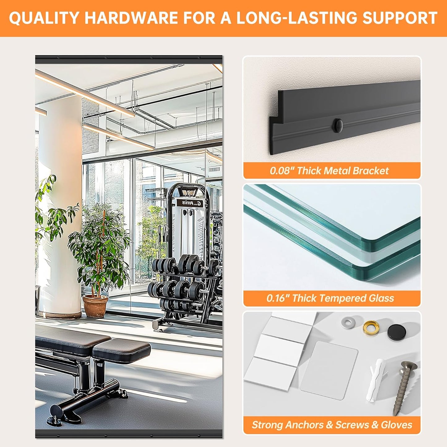 Hasipu 3 Pcs 55''x17'' Home Gym Mirror Large Full Length Wall Mounted Full Body Mirror for Yoga Dance Fitness Exercise Studio Bedroom Garage, Frameless Tempered Glass Workout Mirrors Black Rectangular