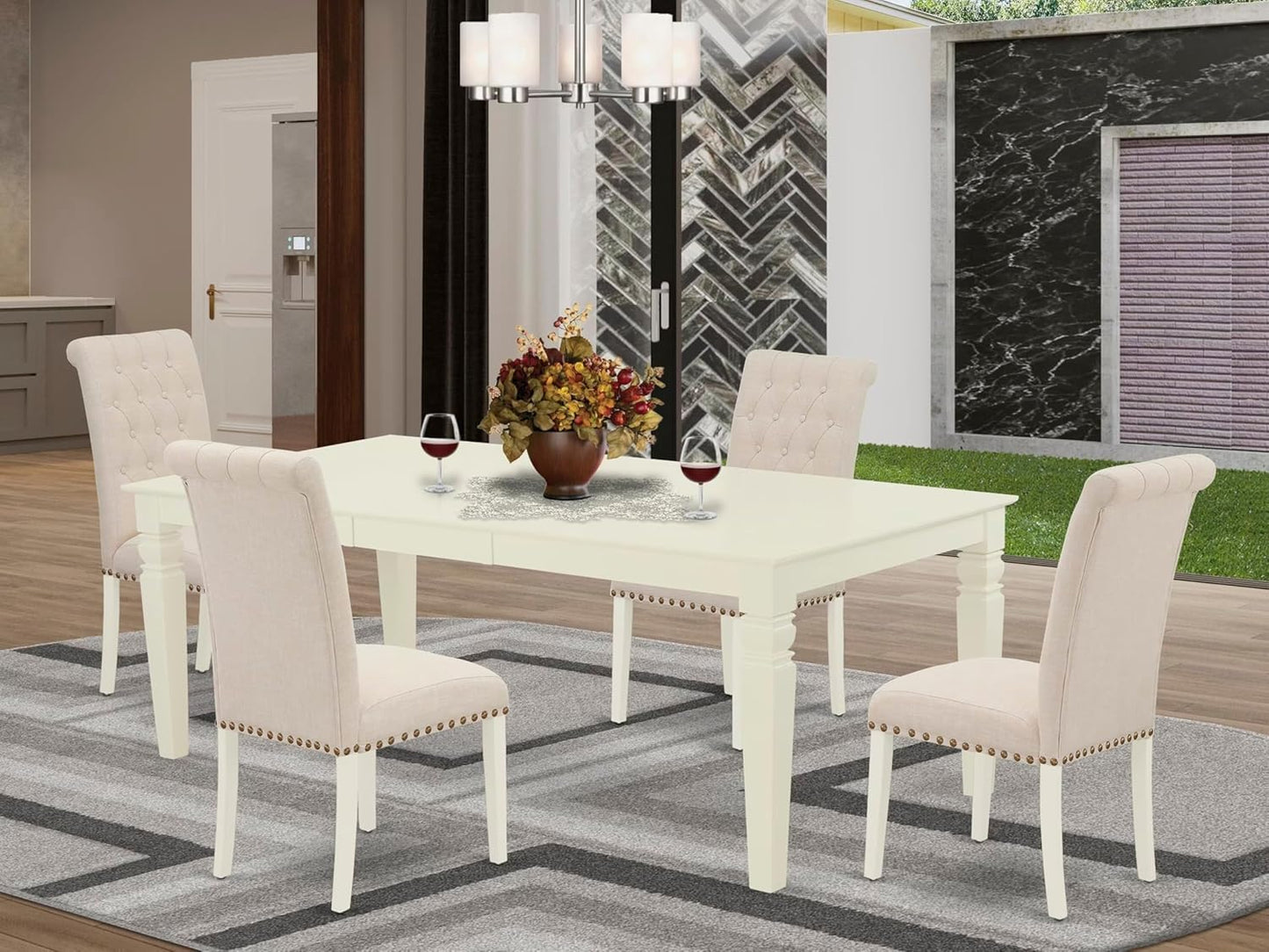East West Furniture LGBR5-LWH-02 5 Piece Dining Room Table Set Includes a Rectangle Kitchen Table with Butterfly Leaf and 4 Light Beige Linen Fabric Parson Chairs, 42x84 Inch, Linen White