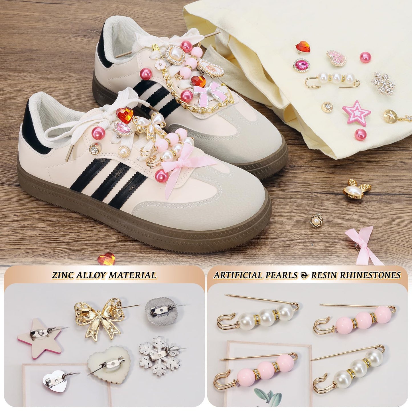 Auliand 139 Pcs Junk Socks Charms Kit, Brooches and Pins for Women, Shoe Charms with Pearl Safety Pins and Brooch Buttons, Teen Girl DIY Accessories for Decorating Socks, Sneaker, Clothes (Pink)