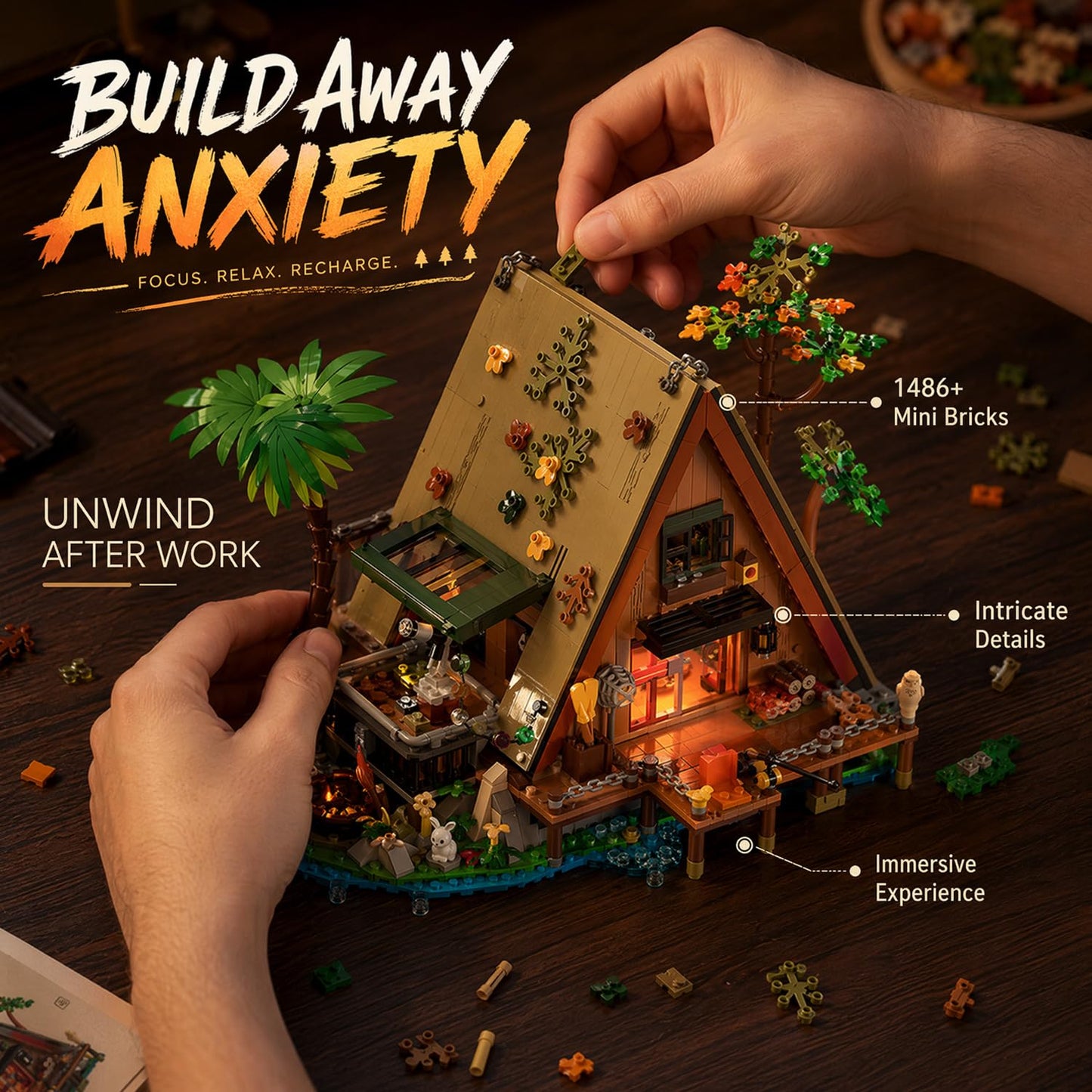 A-Frame Cabin Building Set with LED Light, 1486 Pcs Wooden Lakeside Cabin House Model Kit, 2-Story Architecture Collectible Set for Adults, Nature Animal Lovers Gift ZY-6028
