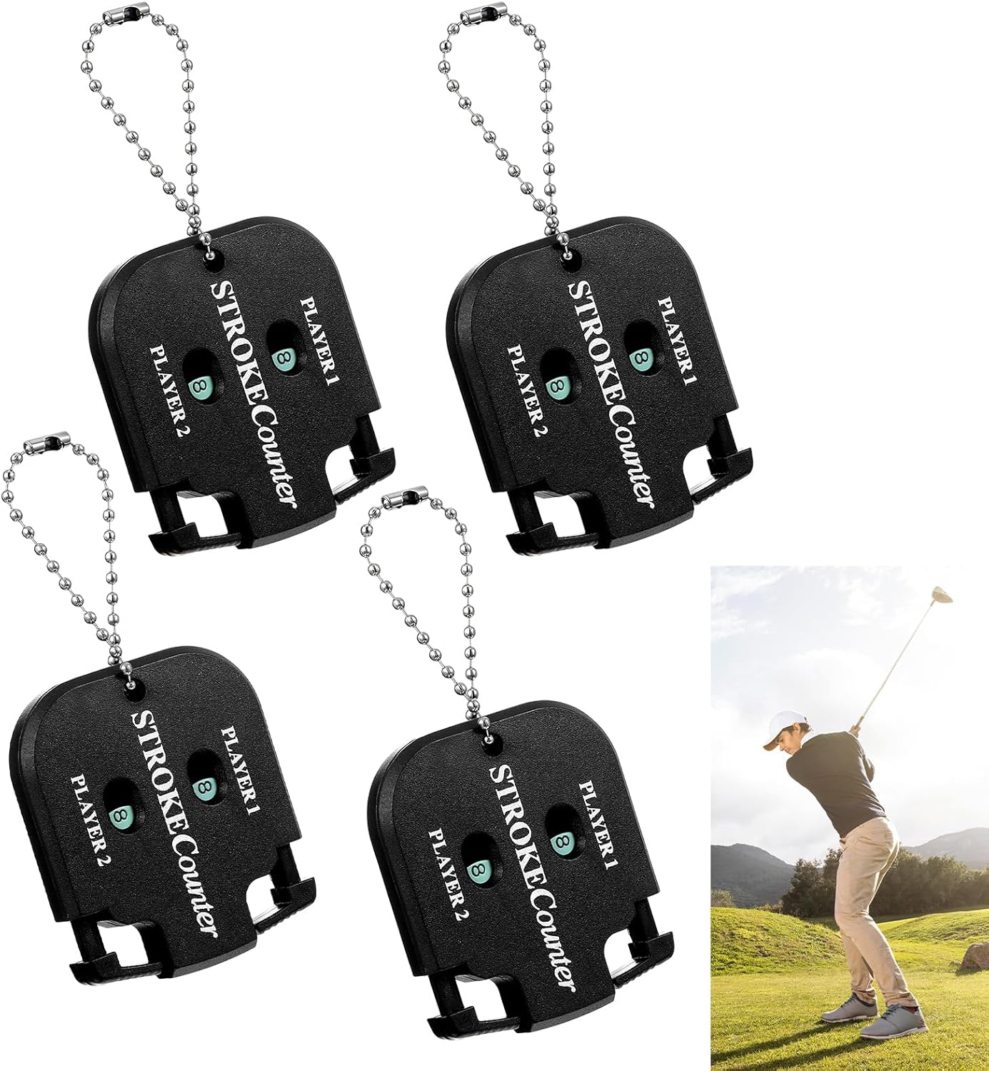 TIESOME 4 Pack Golf Stroke Counter, 2 Player Golf Score Indicator Mini Square Golf Score Counter Black Portable Golf Stroke Keeper Clicker for Different Kinds of Competitions and Games