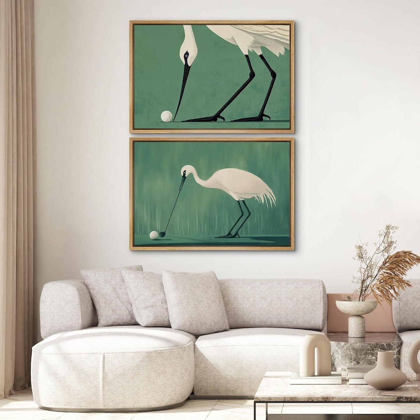 SIGNWIN Framed Canvas Print Wall Art Set Funny Crane Playing Golf Whimsical Bird Illustrations Modern Art Rustic Minimal for Living Room, Bedroom, Office - 24"x36"x2 Natural
