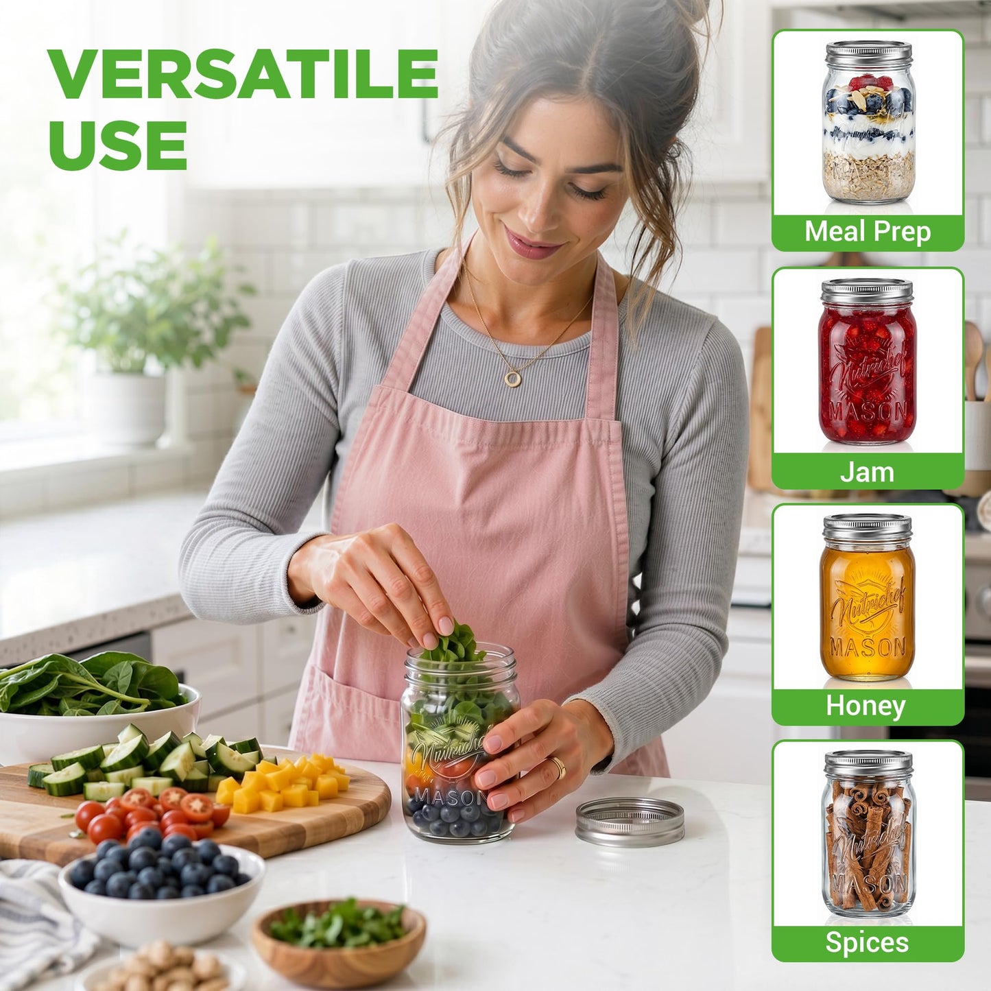 NutriChef 4-Pack 16 oz Mason Jars with Lids - Thick Glass Canning Jars with Stainless Steel Lids - Ideal for DIY Spices, Meal Prep, Overnight Oats, Jelly, Jam, Honey, Candles, Crafts, & More