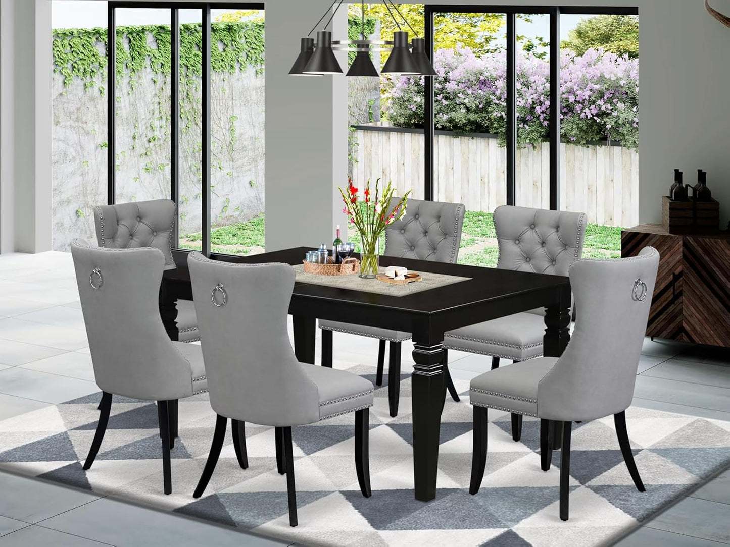East West Furniture LGDA7-BLK-27 7 Piece Dining Table Set Contains a Rectangle Kitchen Table with Butterfly Leaf and 6 Polyester Fabric Upholstered Chairs, 42x84 Inch, Black