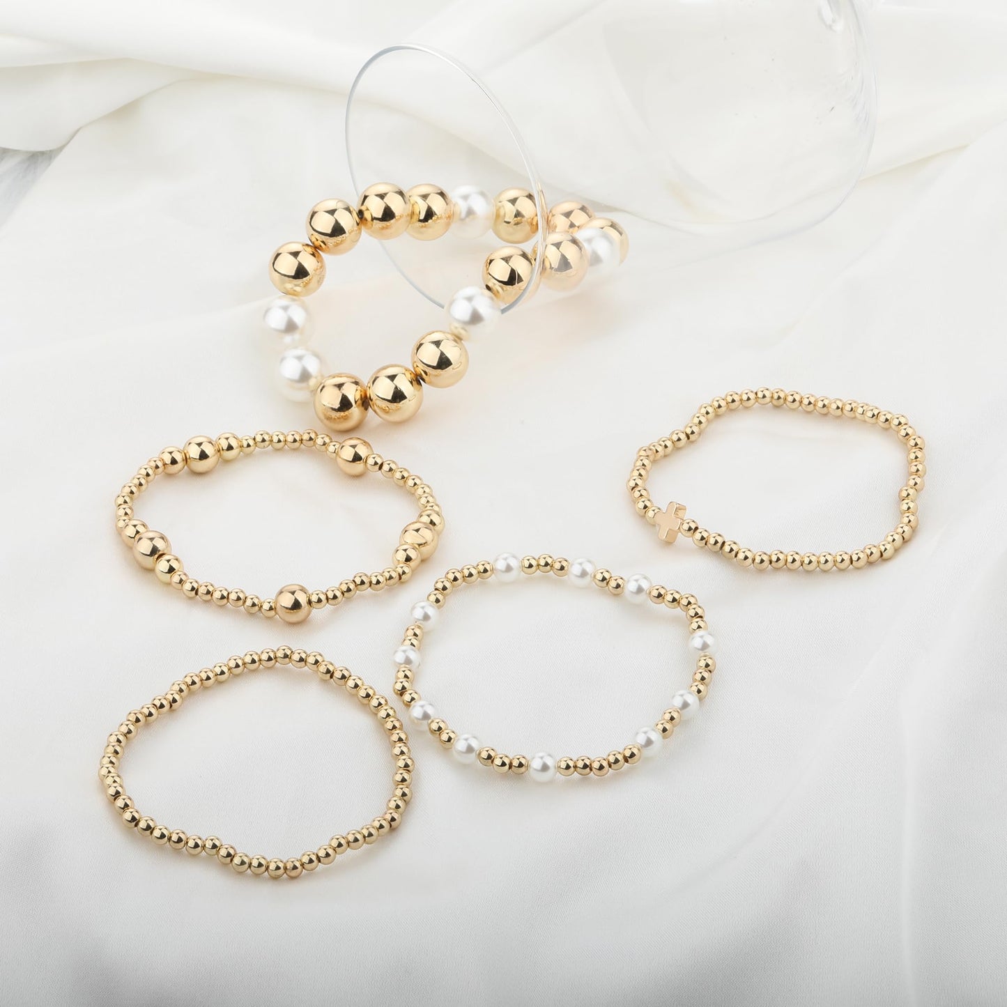 Qiuseadu Chunky Gold Beaded Stack Bracelets Beads Ball Cross Colorful Statement Bracelets Set for Women (Classic Gold Cross)