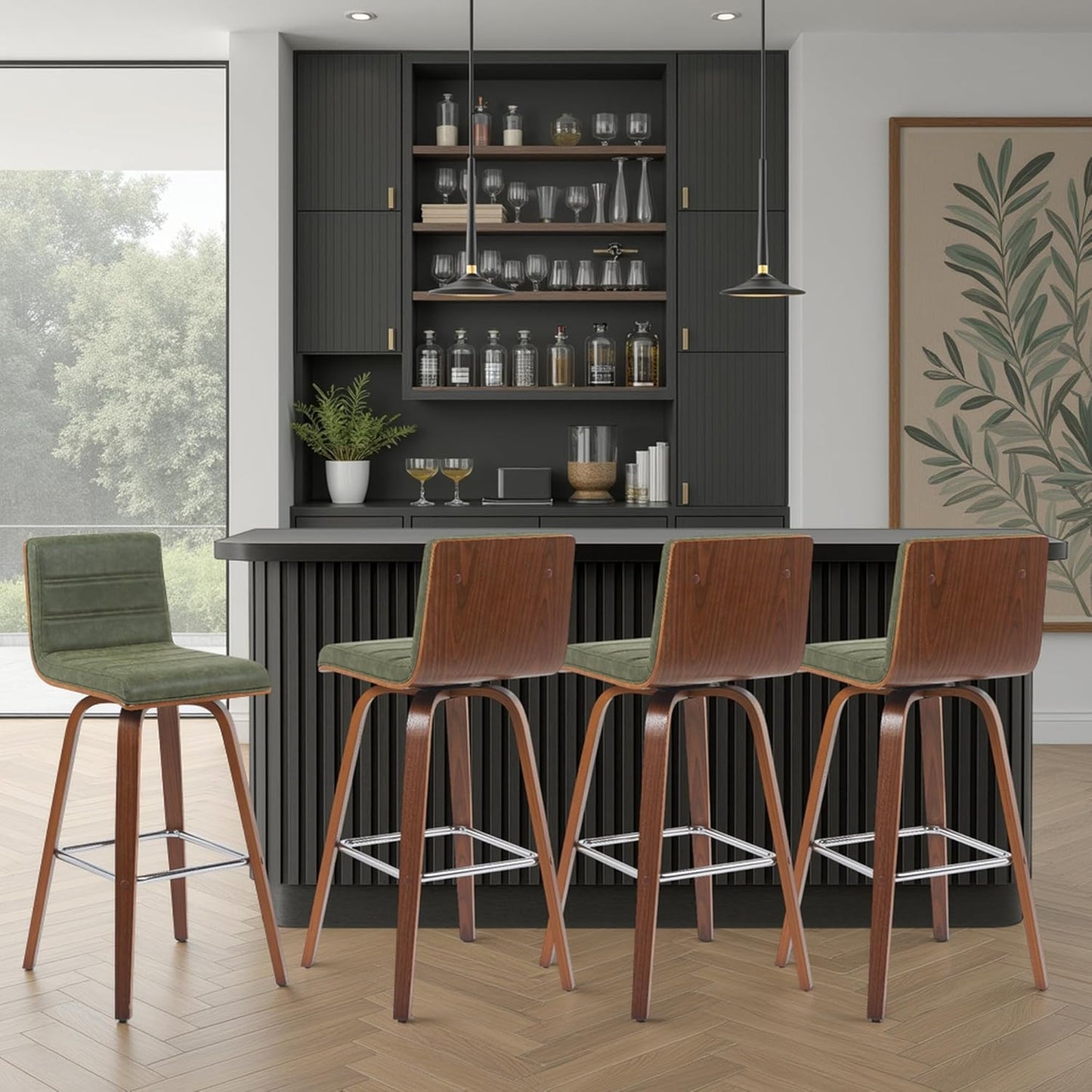 Vienna Modern Swivel Bar Height Stool with Vintage Green Upholstered Seat and Walnut Finished Wood Frame Set of 2