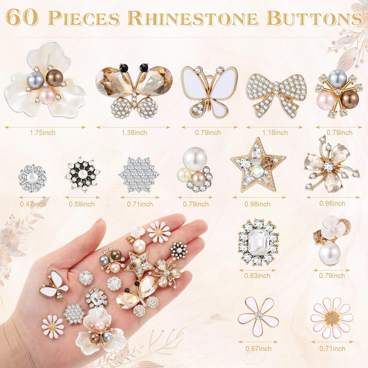 Liliaafar 60 Pcs Rhinestone Buttons Faux Pearl Embellishments Flat Back Flower Rhinestone Butterfly Buttons for Clothing Jewelry Making DIY Decoration Sewing Crafts Bag Shoes Women Wedding Bridal