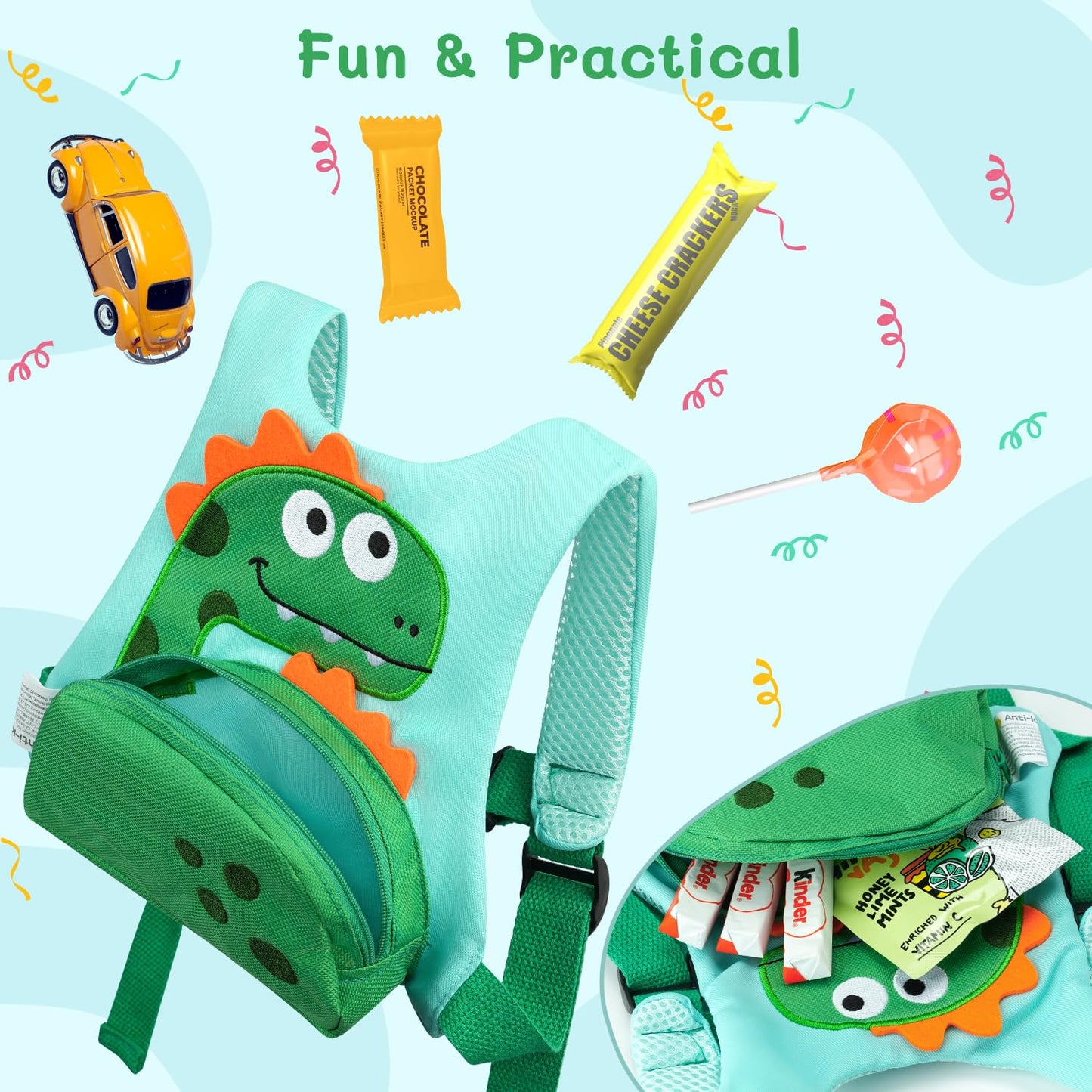 Dr.meter 3 in 1 Toddler Harness Leash + 8.2ft Anti Lost Wrist Link, Cute Dinosaur Kids Safety Harness Tether with Key Lock, Child Protective Leashes While Walking for Outdoor Activity Keep Kids Close
