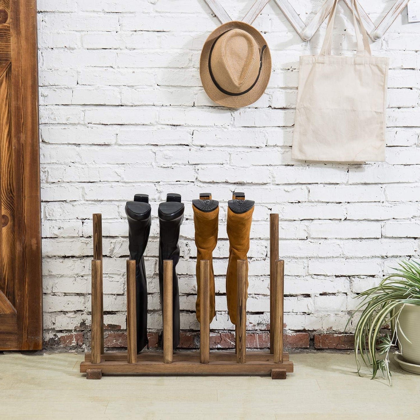 MyGift Rustic Burnt Brown Solid Wood Floor Standing Boot Holder Rack, Wooden Entryway Shoe Storage Organizer Stand Holds 6 Pairs of Tall and Short Boots