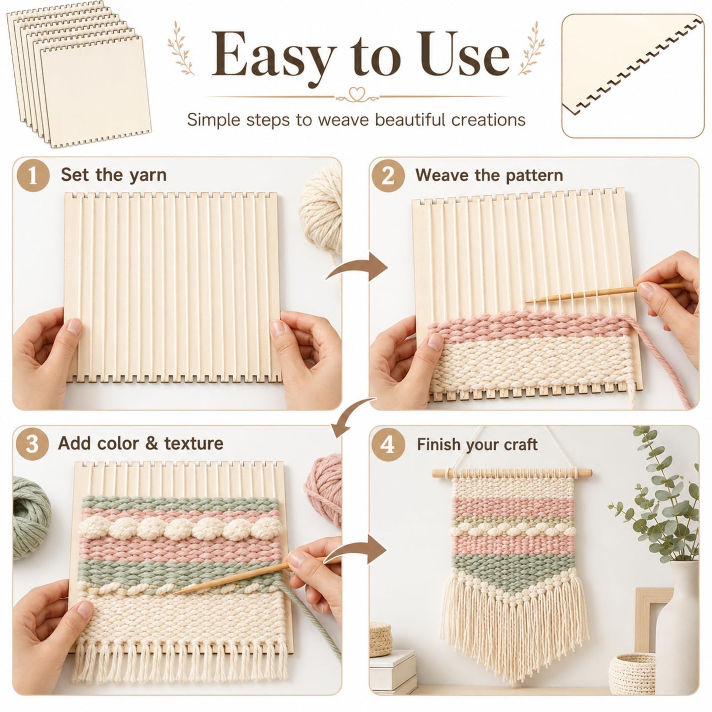 Minatee 50 Pcs Beginners Wooden Loom Notched Weaving Loom Basket Weaving Tools for Kids Adult Art Craft Activity Jewelry Motor Skills Crochet Knitting Sewing Teaching Educational, 6 x 9 in