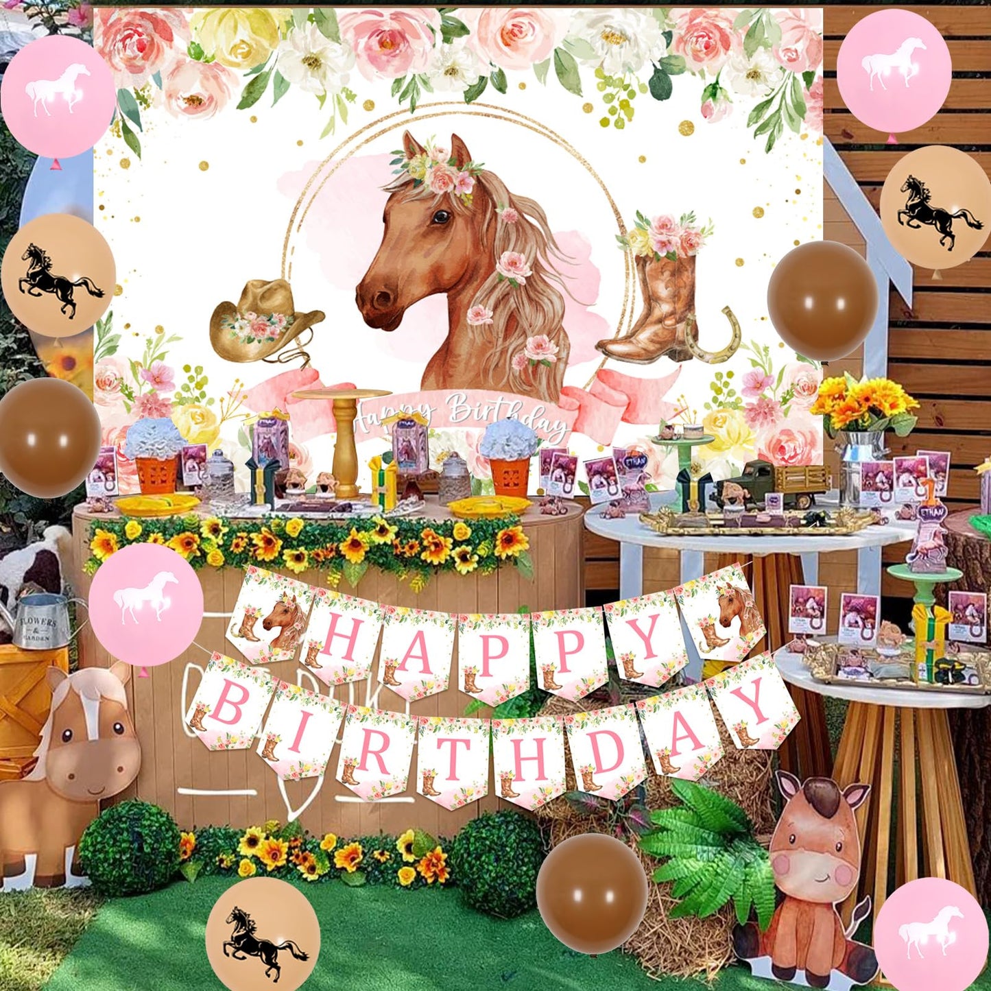 Fangleland Horse Birthday Party Decorations Kit for Girls - Themes Banner & Photo Backdrop, Cake Cupcake toppers, Racing Balloons, Western Cowgirl Happy Supplies