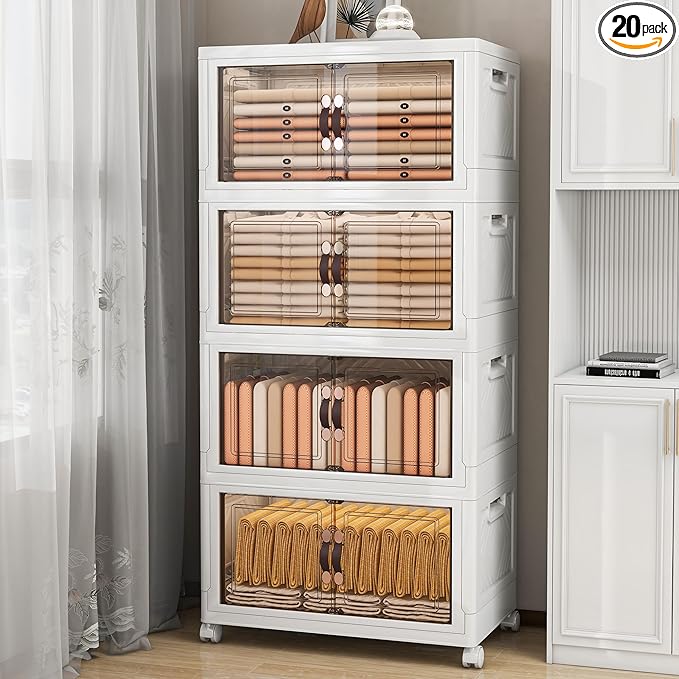 Storage Bins with Lids and Wheels, Collapsible Bathroom Storage Cabinet with Clear Doors, Plastic Stackable Closet Organizers and Storage Containers White 398 QT