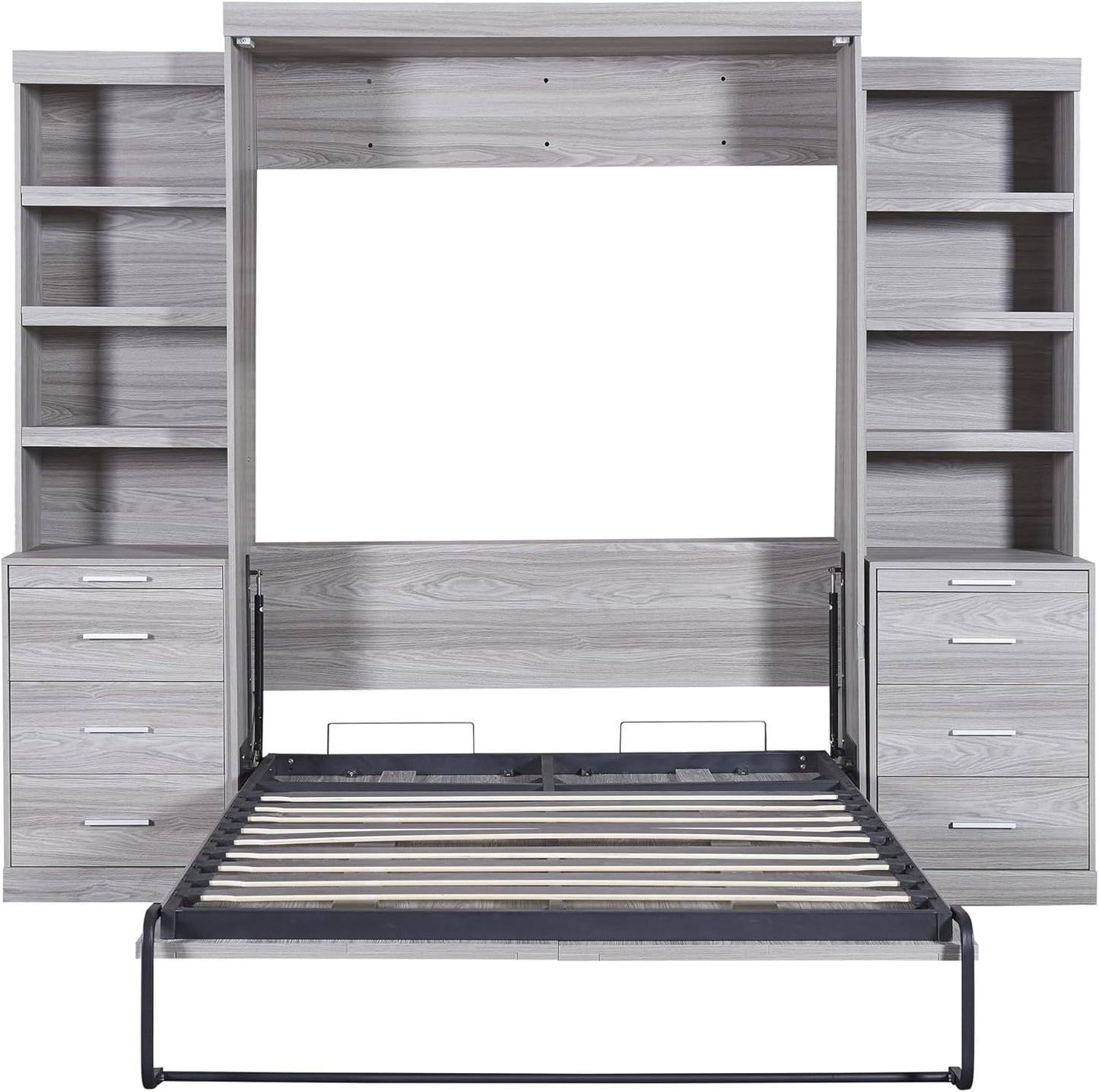 Full Size Murphy Bed with Storage Shelves and Drawers,Easy Fold Wood Wall Bed, Space-Saving Murphy Bed Cabinet for Guest Room Home Office,Gray