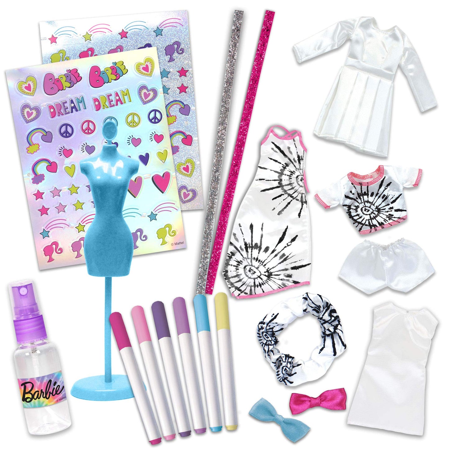 Tara Toys Barbie Tie-Dye Fashion Designer Kit – DIY Design Set for Girls with Dresses, Markers, Stickers & Tools – Create Real Barbie Outfits, Craft Activity for Kids Ages 6+