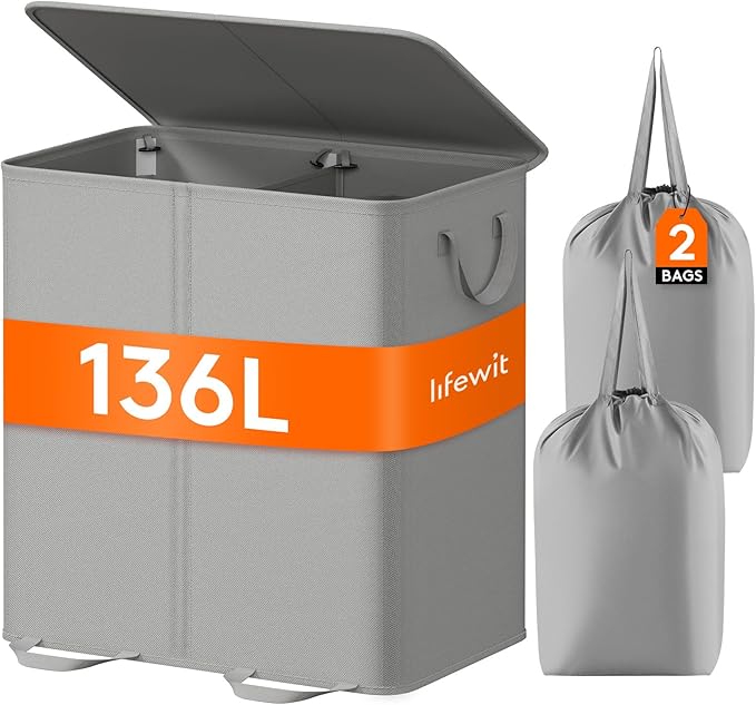Lifewit Double Laundry Hamper with Lid and Removable Laundry Bags, Large Collapsible 2 Dividers Dirty Clothes Basket with Handles for Bedroom, Laundry Room, Closet, Bathroom, College, 136L Silver Gray