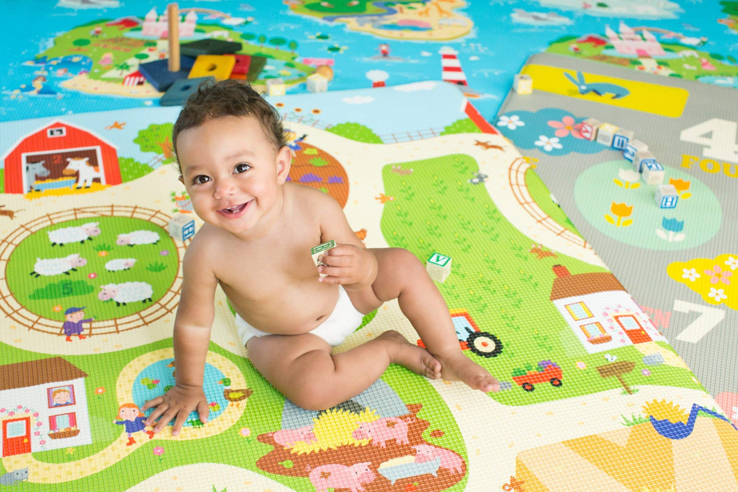 Baby Care Play Mat - Playful Collection (Busy Farm, Large) - Play Mat for Infants – Non-Toxic Baby Rug – Cushioned Baby Mat Waterproof Playmat – Reversible Double-Sided Kindergarten Mat