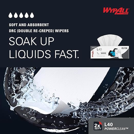 WypAll PowerClean L40 Cloths Extra Absorbent Wipes (05790), Pop-Up Box, Bulk Paper Wipers, White (9 Packs of 100 Sheets, 900 Sheet Total)