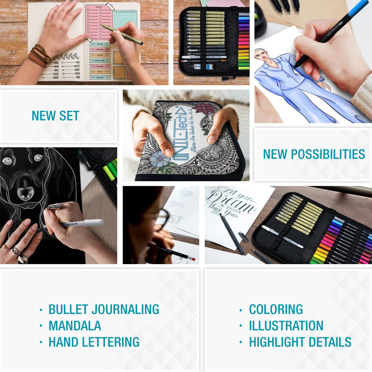 NIL - TECH Professional Artist Drawing Pens Set (36 Pcs) - 16 Dual Brush Markers, 10 Archival Fineliners, 3 Calligraphy Pens, White Gel Pen & Sketchbook - Waterproof Ink for Sketching & Lettering