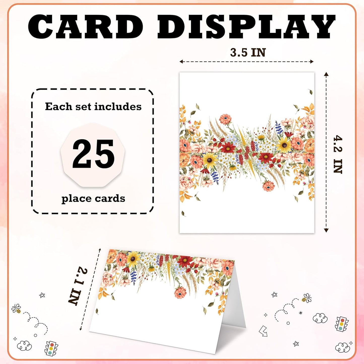 Boho Floral Place Cards For Girls, Flowers Name Card For Table Setting, Spring Holiday Party Favors Supplies, Bohemian Style Floral Tent Cards Decor For Bridal Shower Wedding Baby Shower, 25 Pack -09