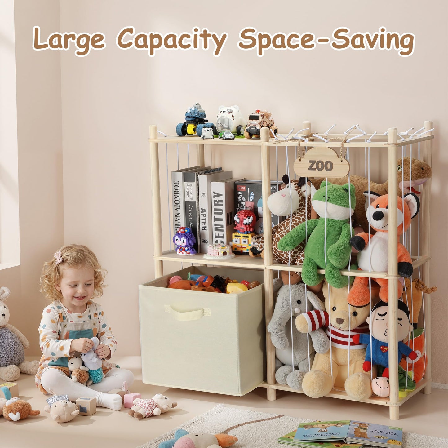 LAMU Stuffed Animal Storage and Kids Bookshelf, Wooden Toy Organizer with Large Toy Box Chest, Kids Bin Shelf Toys Box Bookcase, Stuffed Animal Zoo Holder for Bedroom Playroom Nursery