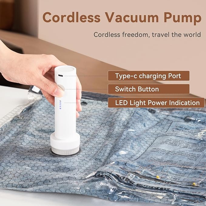 Vacuum Seal Bags for Clothing Travel,15 Pack Vacuum Bags with Cordless Electric Pump，Space saving vacuum bags for travel and clothing storage