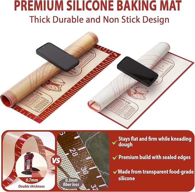 Silicone Baking Pastry Dough Mat - Non Slip Rolling Mat with Measurement Guides, Thick Reusable Kneading Board for Bread, Pizza, Cookies, Fondant, Nonstick Baking Sheet for Kitchen Counter, 20x28inch