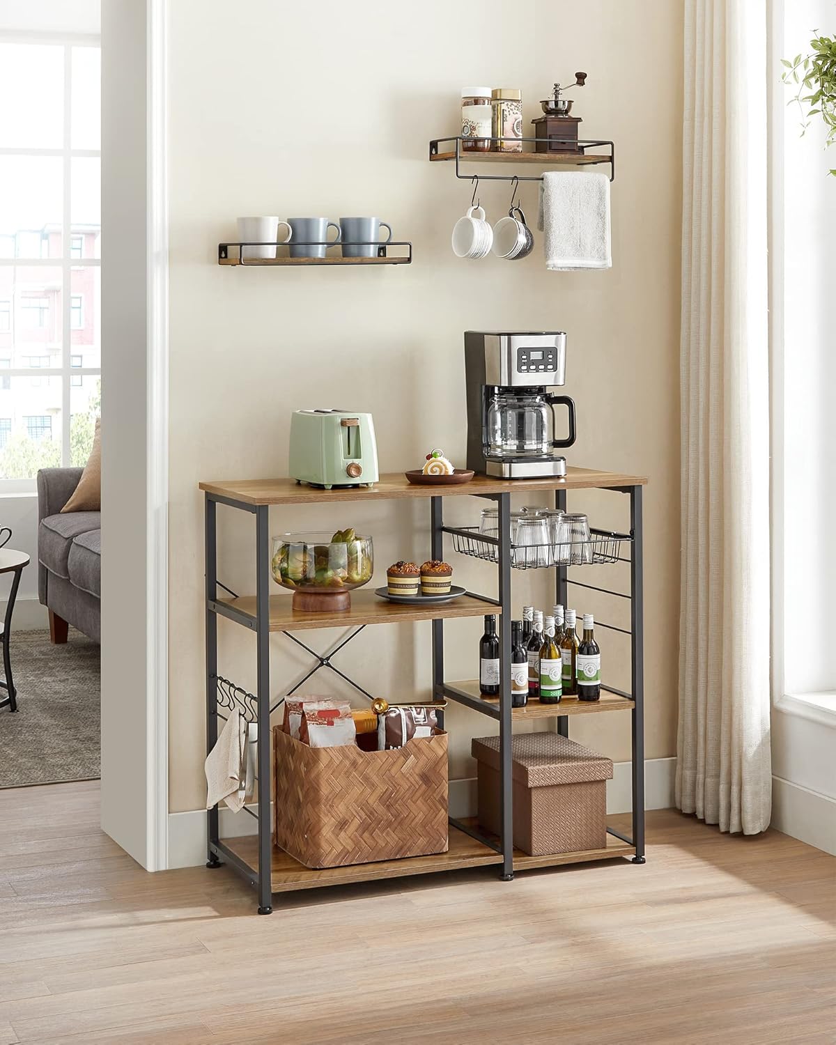 VASAGLE ALINRU Kitchen Baker’s Rack, Coffee Bar, Microwave Oven Stand, with Steel Frame, Wire Basket, 6 Hooks, for Mini Oven, Spices Utensils, Industrial, Rustic Walnut and Black UKKS090B41