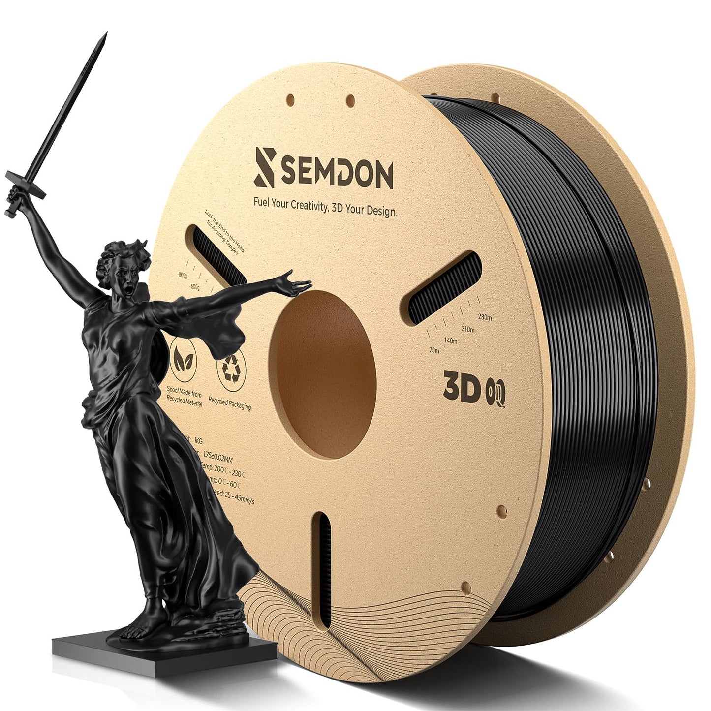 2026 New Black PLA Filament 1.75mm, Deep Black 3D Printer Filament 1KG Spool - SEMDON Anti-Warp & Anti-Clog, 0.02mm Precision fo