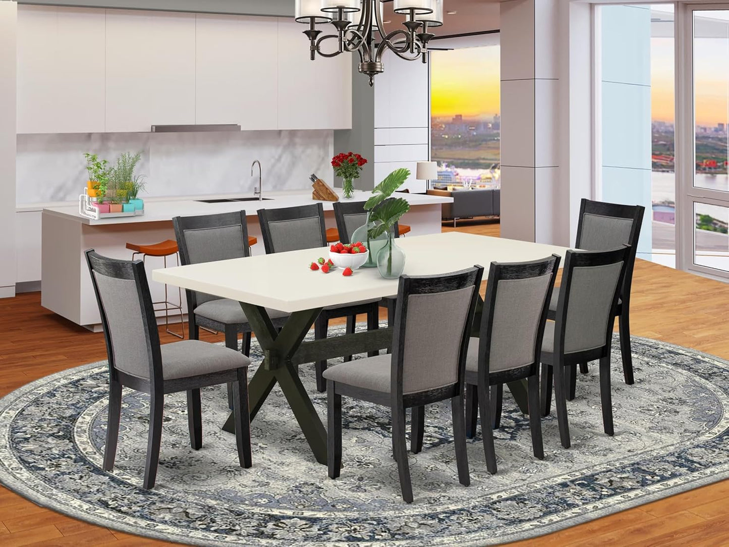 East West Furniture X627MZ650-9 9 Piece Dining Table Set Includes a Rectangle Dining Room Table with X-Legs and 8 Dark Gotham Grey Linen Fabric Parsons Chairs, 40x72 Inch, Multi-Color