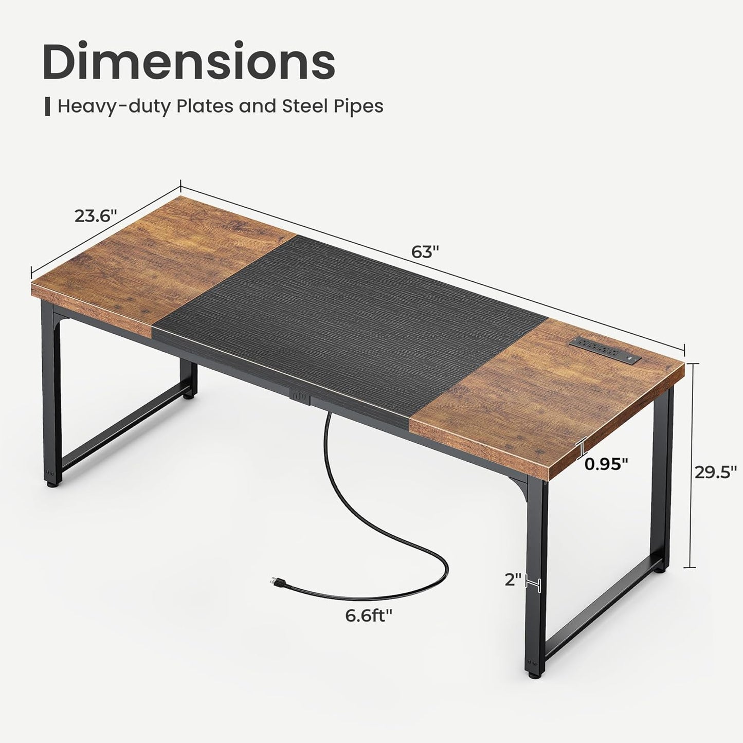 Huuger 63 x 24 inch Desk with Power Outlets & USB-C, Deeper & Thicker Desktop, Robust Metal Tubes, Computer Desk, Heavy Duty Office Desk, Gaming Desk for Home Office, Rutsic Brown and Black