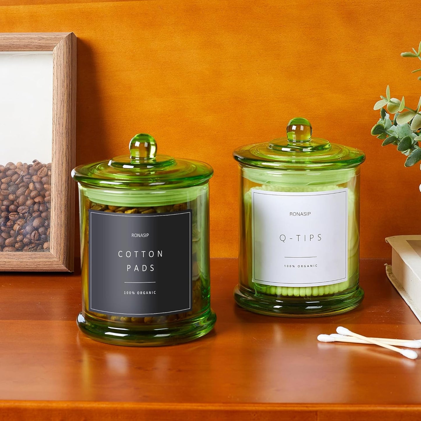 Qtip Holder & Cotton Pad Dispenser, Bathroom Organizer and Storage Canisters, 16oz Glass Apothecary Jars for Kitchen, Restroom - Home Decor Accessories, Room Decor Aesthetic (2 Pack, Green)