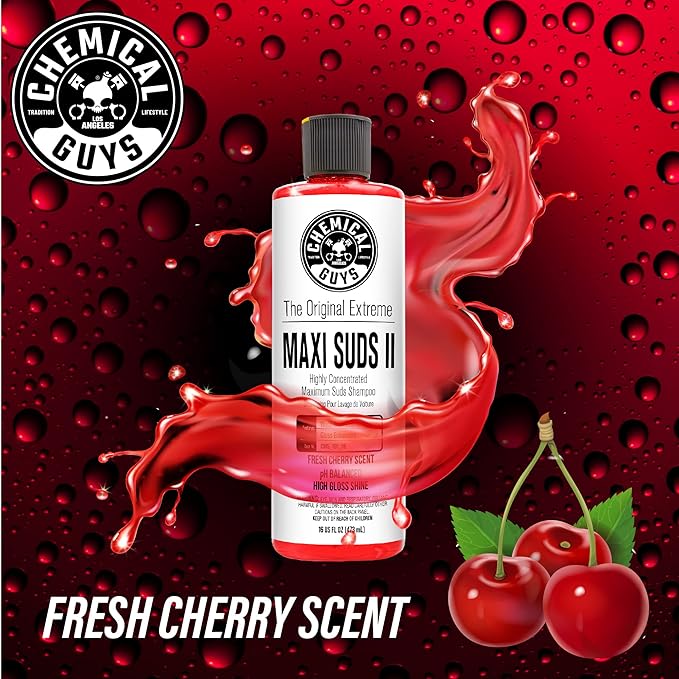 Chemical Guys Maxi Suds II Foaming Car Wash Soap – High Foam Car Wash Soap, Cherry Scent Shampoo and Gloss Booster for Foam Cannons, Guns or Buckets – Gentle, Safe for Trucks, SUVs, and RVs, 64 oz