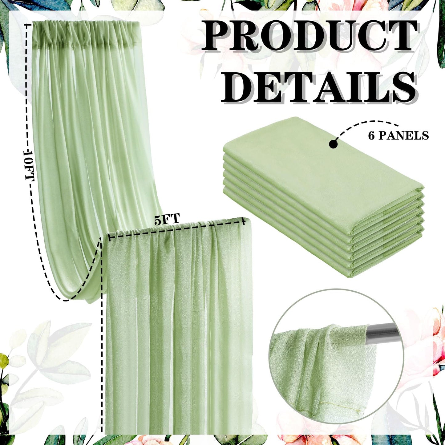 Bbto 6 Panels Sage Ceiling Drapes For Weddings 5 Ft X10 Ft Green Chiffon Curtain Wedding Ceiling Drapes Sheer Curtains Chiffon D